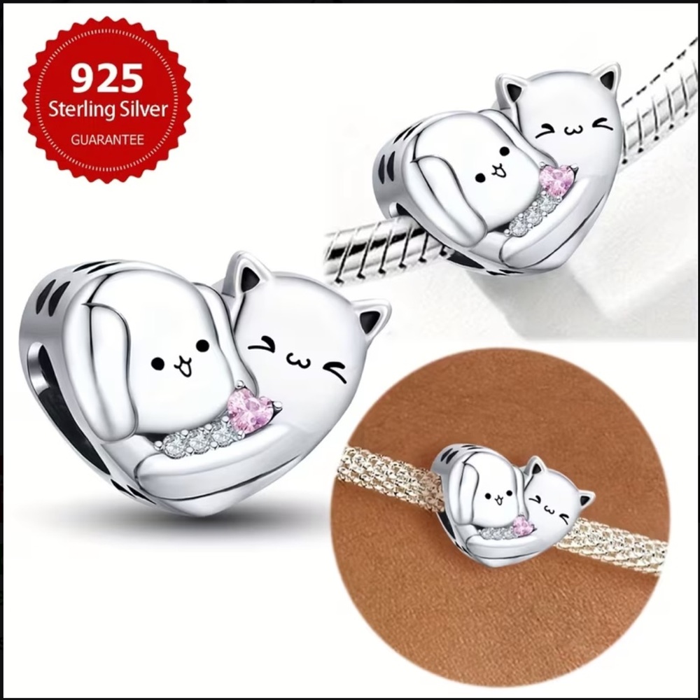 925 Dog & Cat Hugging Bracelet Charm